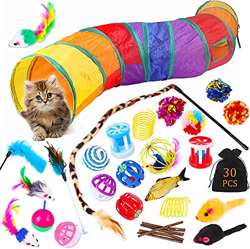 JOTOL Jouets Chat,30 Pièces Kit Jouet Chats,Jouets pour Chats Interactif Jeux Chaton avec Tunnel,Poisson,Souris,Plume,Balle Jeux Chaton