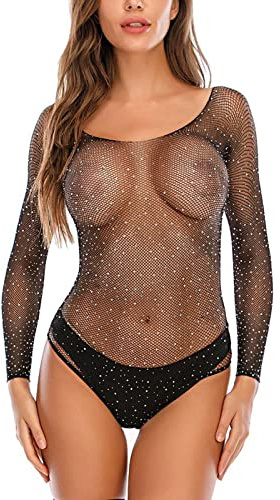 ROSVAJFY body transparent en tulle à pois pour femme - String avec bretelles spaghetti - Sous-vêtements monokini - Coupe haute - Noir, Manches longues, taille