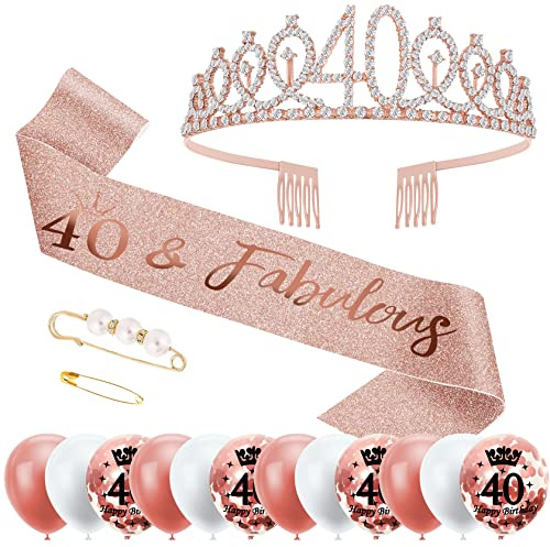 Decoración para el 40 cumpleaños: banda y tiara con 12 globos de oro rosa y confeti para mujeres para cumpleaños