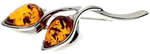 925 Sterling Silver & Genuine Cognac Baltic Amber Jewellery - 2 Teardrop Classic Brooch GL821C