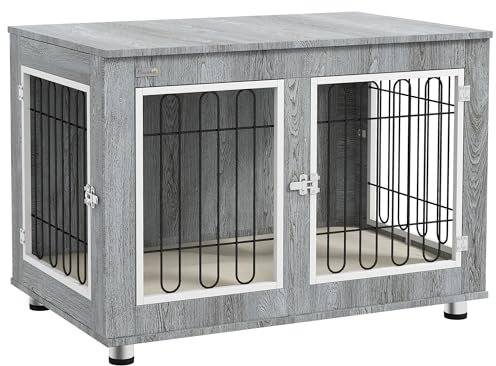 PawHut Cage pour Chien Meuble Cage Chien intérieur Table d'appoint Multi-usages avec Double Porte et Coussin - Niche pour Chien Moyenne et Grande Taille - 90 x 58 x 65 cm, Aspect Gris