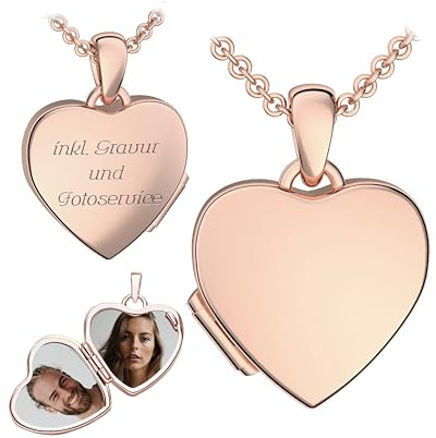 Foto Medaillon Herz Rosegold hochwertig vergoldet Herzkette Herz Anhänger zum Öffnen mit Kette Herzmedaillon Amulett Fotos Bild Bilder Medailon Medallion Kettenanhänger aufklappbar Schmuckgravur