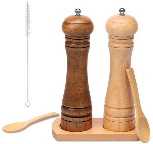 2PCS Moulin à Poivre, Moulins à Sel et Poivre avec Cuillères et Brosse de Nettoyage, Salieres et Poivrieres Bois avec Socle, Moulin Classique Poivrière pour Moudre Epices, Cumin, Sésame, Paprika