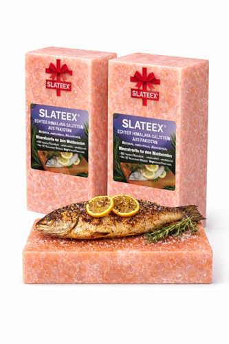 Slateex Lot de 2 pierres de sel de l'Himalaya - 20 x 10 x 5 cm - Plaques de sel naturelles épaisses sans produits chimiques - Parfait pour steak, poisson, légumes et desserts - Griller avec des