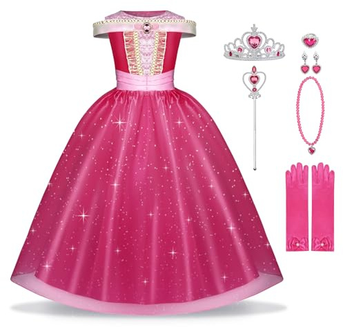 BSBUY Costumi Principessa, 6 PCS Vestito Bambina Bella Addormentata Costume con Accessori, Ragazza Abiti Principessa Abito Principessa Rosa da Carnevale Halloween(100)