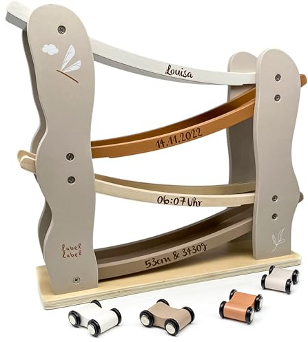 Kugelbahn Holz ab 1 Jahr Nougat – personalisierbar mit Name & Geburtsdaten – Murmelbahn aus Holz mit Herz – Spielzeug ab 1 Jahr – Taufgeschenk & Geschenk zur Geburt für Jungen und Mädchen