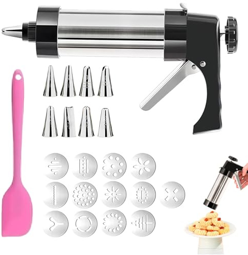 Vordpe Prensa de acero inoxidable con 13 plantillas y 8 boquillas, prensa profesional de pastelería para pasteles de inyección, prensa de galletas para tartas y decoración creativa de postres