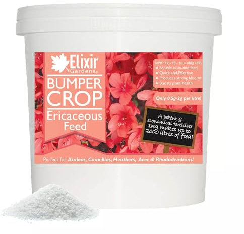 Elixir Gardens Bumper Crop Ericaceous Feed Fertiliser - NPK 12-10-10+ 4 | Plant Food for Azalea, Magnolia, Rhododendron & Camellia | Available from 1kg - 20kg | 20kg Resealable Tub