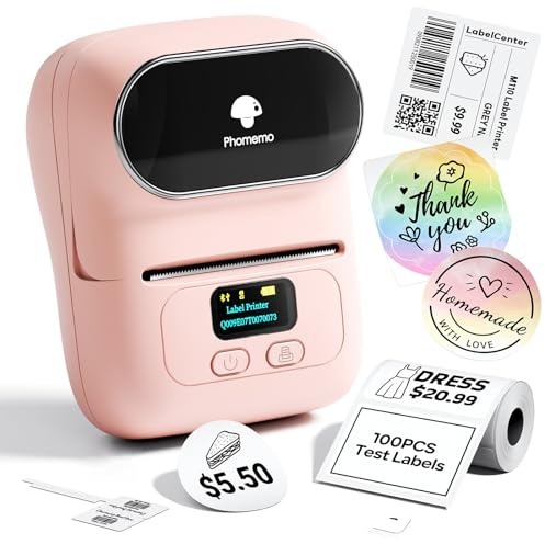 Phomemo Label Printer - M110 Thermal Label Printer Barcode Label Maker Mini Bluetooth Sticker Printer for Small Business, Home, Office, Logo, Address, Name Tag, Clothing, Organizing, Pink