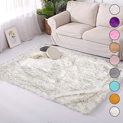 Lammfell-Teppich Kunstfell Schaffell Imitat Kinderteppiche, mit 8 Antirutsch Teppichgreifer Flauschig Weiche für Wohnzimmer Küche Flur Schlafzimmer oder Kinderzimmer (Weiß und grau, 140 x 220 cm)