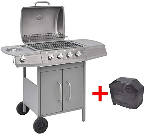 yorten BBQ Gasgrill Barbecue-Grill Grillwagen Gas-Grill 4 Brenner +1 Seitenbrenner 104 x 55,4 x 97,7 cm (Silbern)