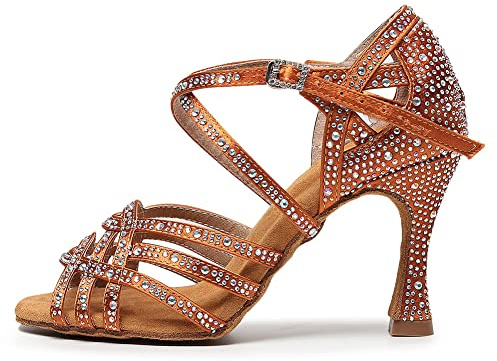 AOQUNFS Donna Scarpe da Ballo Latino Americano Strass con Tacco Salsa Bachata Tango Feste Performance Scarpe Ballo da Sala,L357-Marrone-7.5,EU34