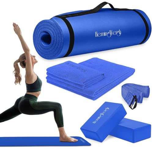 HemingWeigh Yoga-Set, 7-teilig, 1 Yoga-Matte, 1 Handtuch, 2 Yoga-Blöcke, Yoga-Gurt, Yoga-Handtuch, inkl. Tragetasche, Blau