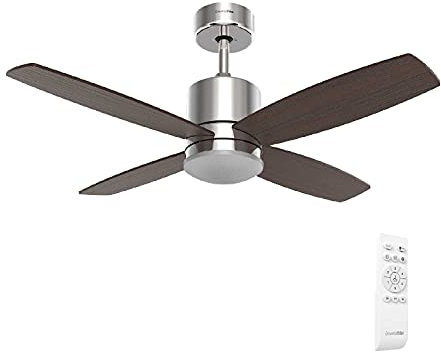 UNIVERSALBLUE Ventilador de techo con luz LED | Color inox | Ventilador silencioso con Motor DC | Mando a Distancia | 4 Aspas | Diámetro 132 cm | Temporizador | 6 Velocidades |
