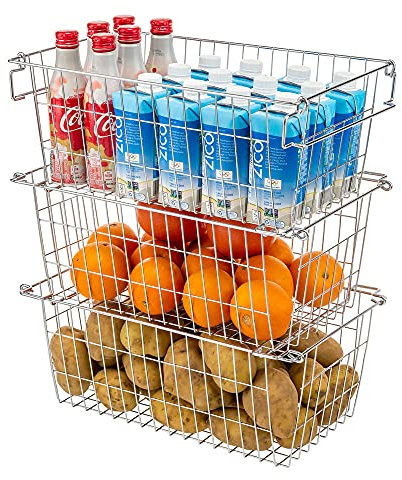 SANNO Stapelbare Aufbewahrungskörbe für Gefrierschrank, stapelbare Drahtkörbe für Speisekammer, Aufbewahrung und Organisation, mit stabilen Metall-Lebensmittelkörben, Speisekammer, 3er-Set