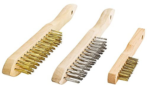 S&R Handdrahtbürste Set 3-tlg, Drahtbürsten mit Holzgriff, 1 Edelstahlbürste 290mm, 2 Messingbürsten 290mm / 180mm, für Metall, Holz, Grill, Industriebürste Metallbürste Handdrahtbürstensatz
