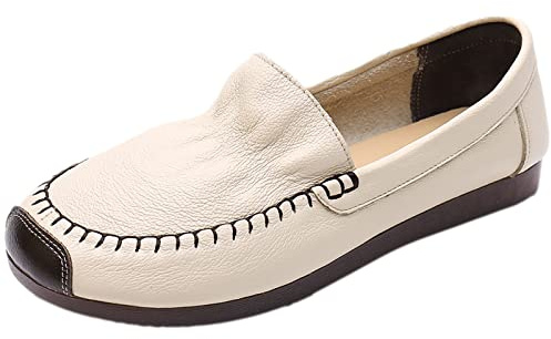 Jamron Mujer Piel Genuina Mocasines Anchos Bailarinas Suela Blanda Ligero Cómodo Zapatos para Caminar sin Cordones Beige EU36