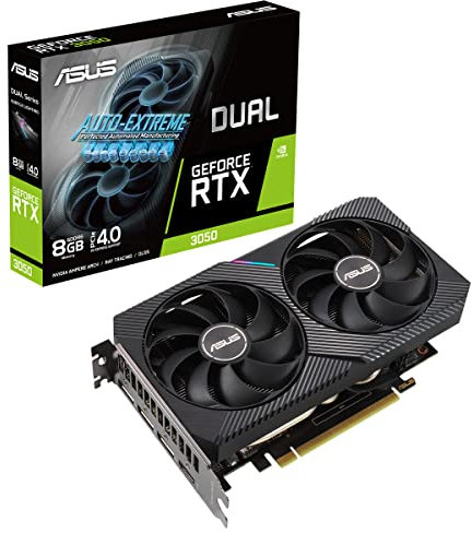 ASUS Dual NVIDIA GeForce RTX 3050 Scheda Grafica, 8GB GDDR6, PCIe 4.0, HDMI 2.1, DisplayPort 1.4a, Due Ventole Axial-Tech, PSU Consigliata 550W, GPU Tweak II, Tecnologia 0dB, LHR, Nero