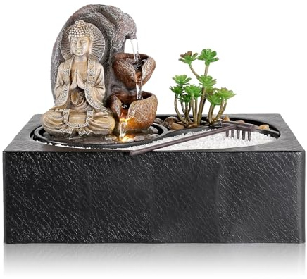 WICHEMI Waterfall Fountains Indoor Water Fountain Tabletop Fountain Zen Garden Buddha Fountain with LED Warm Light for Office Home and Bedroom Desktop Decor