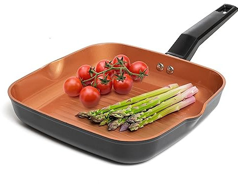 Moss & Stone Square Grill Pan For Indoor Cooking, 9.5In Frying Pan Copper Non-Stick Saute Fry Pan, Induction Copper Pan for Meats & Vegetables, Aluminum Griddle Nonstick Stove Top Grill Pan