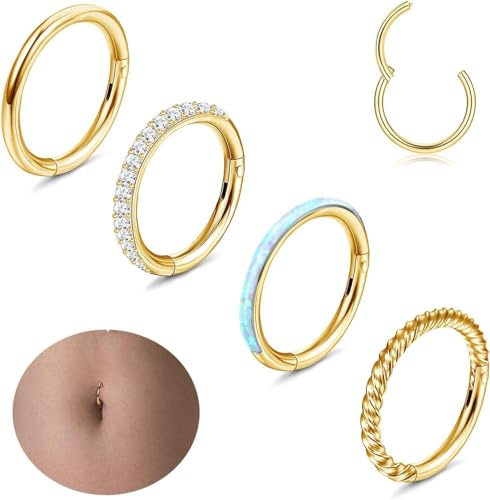 Diamday 14G Ombligo Piercing Anillos Acero Quirúrgico Ombligo Aro Hoop para Mujer CZ Ópalo Clicker Aro Ombligo Anillos Vientre Barra Nariz Labio Oreja Corporal Piercing Joyería Oro 10mm