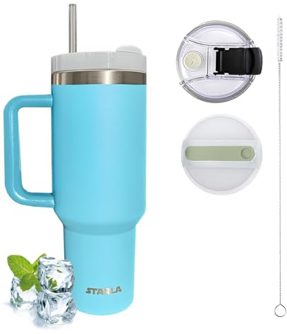 STARLA Termosmugg med sugrör och handtag, 1,2 l, stor, 2 lock, läckagesäker, rostfritt stål, isoleringskopp, kaffemugg To Go vattenkopp, resemugg, drickmugg med handtag (eukalyptus)