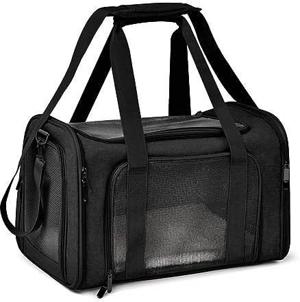 PETCUTE Transporttasche für Katze Hund,Faltbare Hundetransportbox,Katzentransportbox mit Schultergurt und Abnehmbare Weiche Matte,Atmungsaktives Haustiertragetasche mit großer Tasche,Schwarz,L