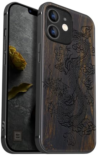 Carveit Coque magnétique pour iPhone 12 Mini Étui Bois Case de téléphone Antichoc Bumper TPU Compatible Magsafe 12 Mini Coque Bois Etui (Bois Sombre-Le majestueux Dragon Chinois)