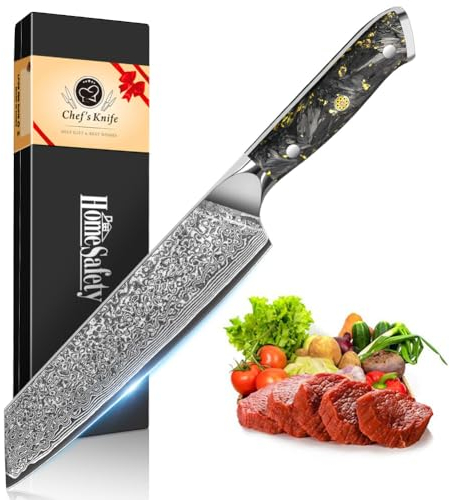 Home Safety Kiritsuke - Coltello da cucina damascato, lama extra affilata da 19 cm, in acciaio damascato, 67 strati VG-10, in acciaio damascato, confezione regalo