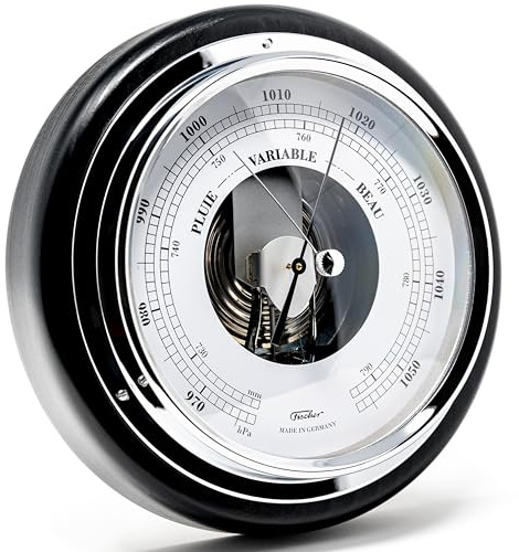 Fischer 1434B-06-100 Baromètre intérieur - 170mm manomètre avec boîtier en bois naturel noir - fabriqué en Allemagne