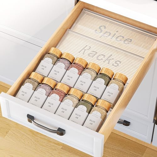 PanPanPal Spice Drawer Organiser, 2 Tiers, Set of 2, Clear | Spice Rack for Inside Drawer, Adjustable Seasoning Organizer for Cupboard, Acrylic Drawers Shelf for Kitchen