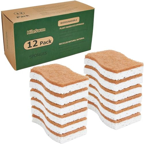HileSwan Natural Kitchen Sponges, 12 Pack Non-Scratch Scrubber, Biodegradable Compostable Sisal Cellulose Dish Scrub Sponges, Household Cleaning Sponges for Dishes