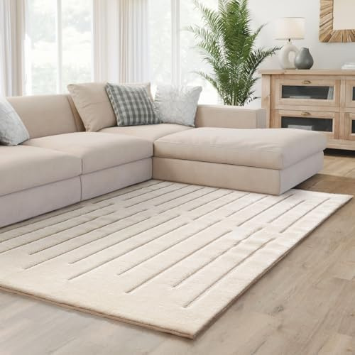 Interiyou Teppich Wohnzimmer Verona - 160x230 cm Creme - Für Schlafzimmer, Esszimmer, Kinderzimmer - Hochflor mit 3D-Effekt - geometrische Muster - Pflegeleicht