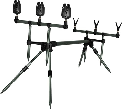 Rutenhalter Rod Pod Aluminium Angelständer Rutenauflage mit Bissanzeiger und V-Auflagen - Verstellbarer Rutenständer für 3 Ruten mit Teleskopfüßen und Transporttasche