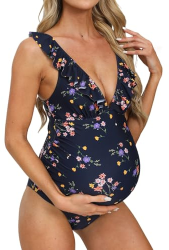 CUPSHE Costume da bagno intero premaman da donna con scollo a V profondo con volant sul retro cravatta increspata spalline regolabili costumi da bagno, Blu scuro/floreale, L