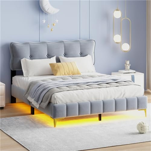 Gepolstertes Doppelbett Mit Led-leuchten, Hohen Metallbeinen, Jugendbett Mit Kopfteil Und Lattenrost, Für Jugendzimmer (matratze Nicht Im Lieferumfang Enthalten)(Size:160x200cm,Color:Grau)