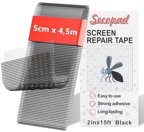 Secopad Nastro Adesivo per Zanzariere, 50 mm x 4,5 m Nastro Riparazione per Zanzariere, Nastro in Fibra di Vetro per Zanzariere Ripara, Ripara Zanzariera Rapidamente, Nero