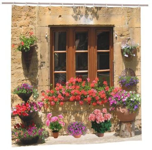 Newhomestyle Tenda da doccia da giardino in stile retrò, con bellissimi fiori e vaso da fiori per esterni alla finestra, impermeabile, tenda da bagno floreale per esterni con 12 ganci, 180 x 180 cm