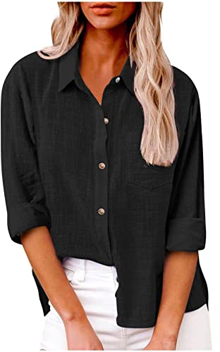 Leinen Damen Langarmbluse - Elegantes Sommer Hemd Mit Revers, Einfarbig Basic Top - Schwarz, M