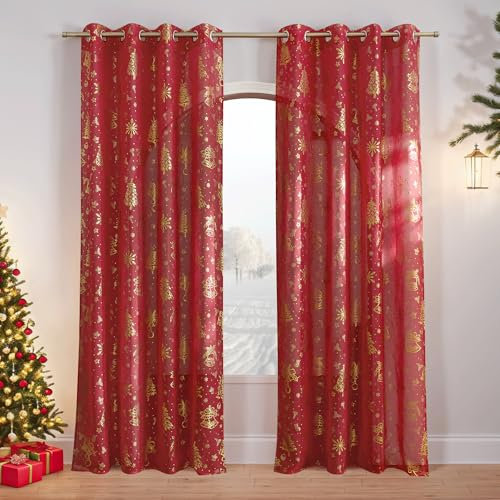 PONY DANCE Weihnachts Vorhang Wohnzimmer Modern Ösenvorhang 2er Set H 245 x B 140 cm Rote Vorhänge Transparent Weihnachtsgardinen mit Goldernem Muster Voile Gardinen Durchsichtig