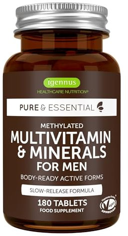 Multivitamines & Minéraux pour Hommes avec Lycopène, Zinc, Vitamine D3, B6 et B12 Méthylées pour plus d’Énergie, la Santé Immunitaire & Cardiaque, Libération Lente, 180 comprimés – par Igennus
