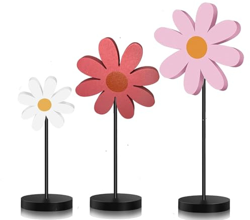 3 Stück Gänseblümchen Holzblumen Sommer Deko Innen Wohnzimmer Fensterbank Tisch Deko zum Hinstellen Blumen aus Holz Esstisch Decor Tischdeko Modern für Sommer, Frühling, Ostern