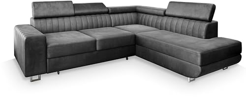 Masseno Ecksofa NOLA R-S mit Schlaffunktion L-Form, Klassisch Sofa mit Bettkasten, Wohnzimmersofa, Couch, Soffa, Bettsofa, Couchgarnitur - Grau, Monolith 85