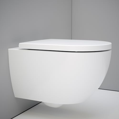 UDiseño - Inodoro de pared sin borde, 360° con orificio único, inodoro suspendido elevado, juego completo, inodoro silencioso con descenso automático, 52,5 cm de largo, color blanco