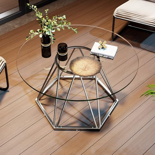 LVB Round Glass Coffee Table, Modern Living Room Table with Hexagonal Silver Metal Frame, Small Contemporary Center Table for Bedroom, Office, 80 cm