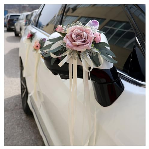 GreatRise 2 Stück Autoschleifen Hochzeit mit Saugnäpfen Autoschmuck Künstliche Blume Blätter Auto Schleifen Dekoration Schleifenband für Hochzeitsauto Rückspiegel Türgriff Hochzeitsdeko Creme Rose