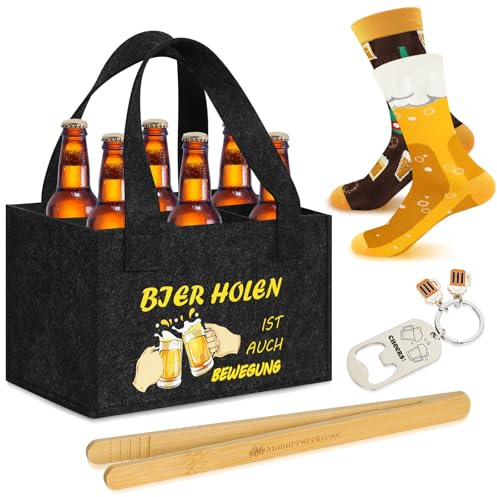 Männerhandtasche Bier,4 Stück Bier Geschenke für Männer 24 x 15 x 15 cm,Herrenhandtasche Bier Flaschentasche Filz mit Lustige Biersocken Flaschenöffner Grillzange Geschenke für Väter Bierfest