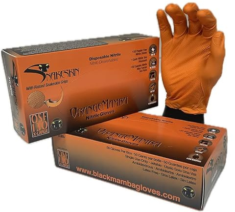 Orange Mamba Snakeskin | Industrial Strength Disposible Nitrile Gloves | Diamond Textured Grip | Latex and Powder Free | 8 mil Thickness | Size - M
