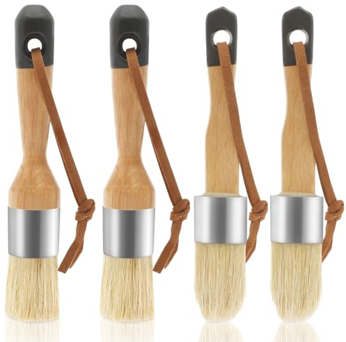4Pcs Wood Chalk Paint Brush Set Small Round Paints Brush Efficient Cleaning Chalk and Wax Paint Brushes with Ergonomic Handle Wood Paints Brushes with Natural Bristles for Furniture Painting Waxing