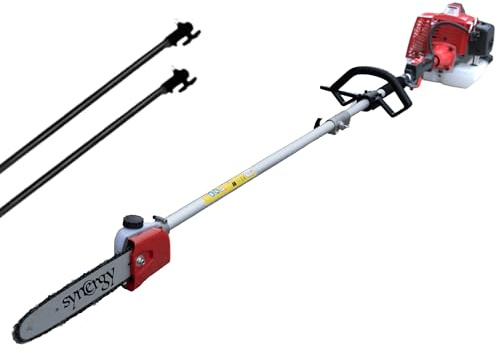 Synergy Podadora telescópica gasolina 52cc 2CV, espada 25 cm, arranque Easy Cut, transmisión reforzada, cinturón, accesorios y 2 extensiones incluidas. Motosierra telescópica.